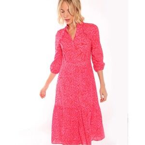 Vilagallo‎ Dress Womens 38 Pink Red Ikat Print Midi 3/4 Sleeve Button Front Boho
